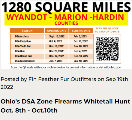 Ohio's DSA Zone Firearms Whitetail Hunt Oct. 8th - Oct.10th